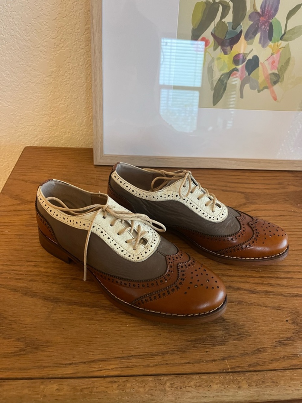 Women's Two-Tone Brown and Cream Wingtip Loafers - Picture 2 of 5
